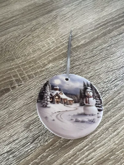 Christmas bauble - Ceramic - Handmade and Gift boxed - Winter Snowman Scene