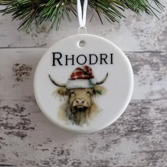 PERSONALISED CHRISTMAS TREE BAUBLE name decoration ornament Highland Cow