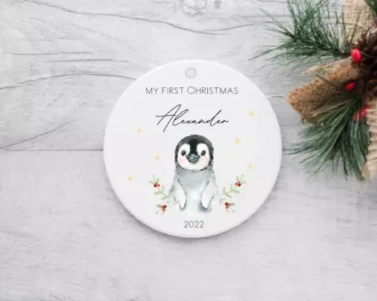 Personalised My First Christmas Little Penguin Ceramic Tree Ornament Bauble