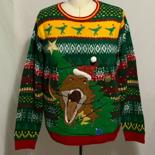 Ugly Christmas Sweater Dinosaur T-Rex Dino Tree Lights Santa Hat Mens Womens XL