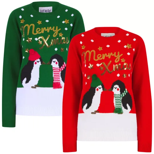 Women's Christmas Jumper Sequin Knitted Crew Neck Xmas Sweater Pullover Penguin