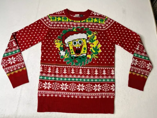 Spongebob Squarepants Ugly Christmas Sweater Mens Medium red yellow xmas