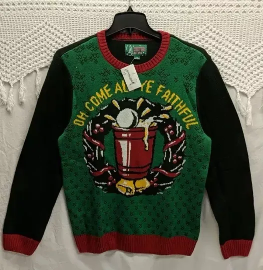 Men's Oh Come All Ye Faithful Beer Pong Bells Ugly Christmas Sweater Green Large