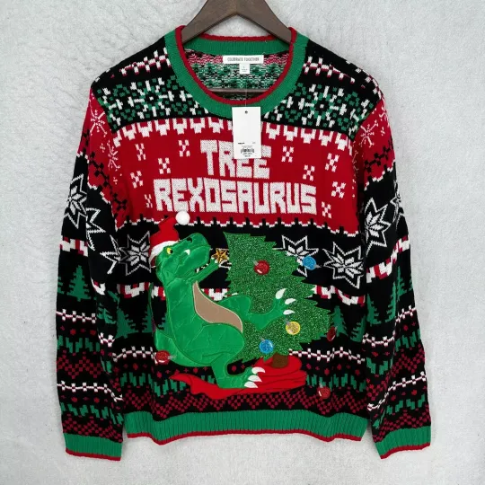 Ugly Christmas Sweater Mens Large Dinasaur Tree T-Rex Funny 3D Embroidered Star