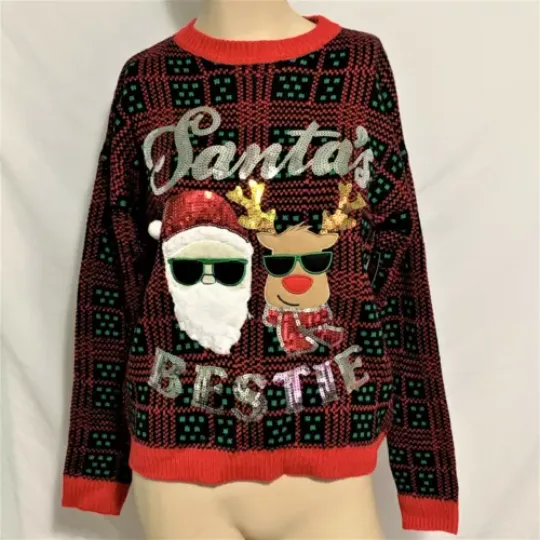 Ugly Christmas Sweater Santa's Bestie Sequin Rudolph Sunglasses Junior Women XXL