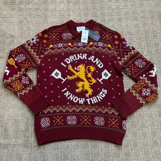 Game Of Thrones Men Medium Ugly Christmas Sweater Tyrion Lannister Red NWT Drink
