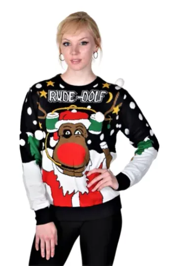 RWB Slim Fit Ugly Christmas Sweater Rudolph Pullover X-Large Navy
