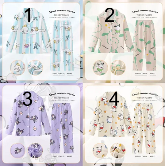 Kawaii Miniso Spring Autumn Children Pajamas Anime Kuromi Cinnamoroll Pochacco Boy Girl Milk Silk Sleepwear Kids Loungewear