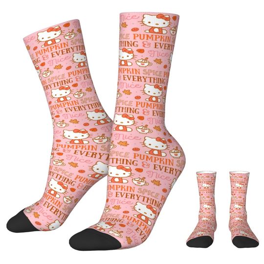 Casual Official Hello Kitty Pumpkin Spice Everything Basketball Socks Polyester Crew Socks for Unisex Sweat Absorbing