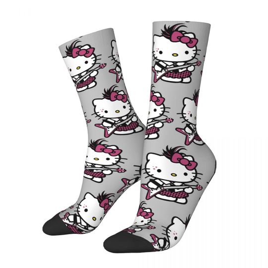 Funny Happy Rock And Roll Men's Socks Vintage Harajuku Hello Kitty Street Style Novelty Casual Crew Crazy Sock Gift Printed