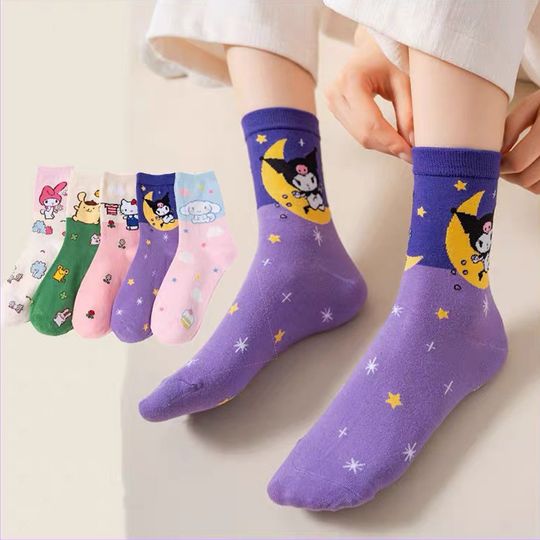 Kawaii Sanrio Cotton Socks Anime Hello Kitty Kuromi Cinnamoroll Breathable Cartoon Socks Cute Girls Cotton Home Warm Sock