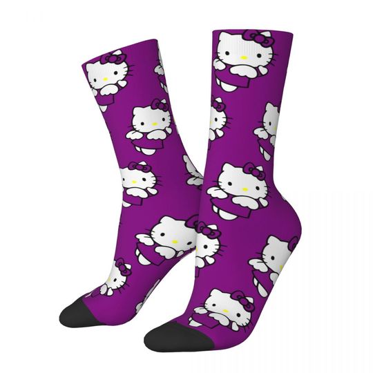 Funny Crazy Sock for Men Purple Hip Hop Harajuku Hello Kitty Happy Seamless Pattern Printed Boys Crew compression Sock