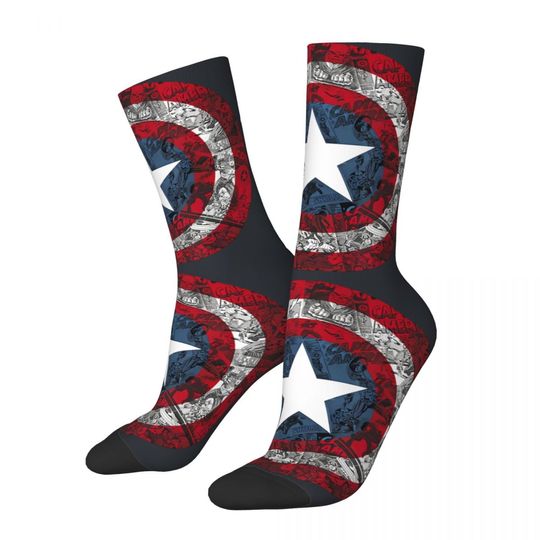 Crazy compression CA Shield Comic Essential Sock for Men Harajuku Disney Captain America Film Seamless Pattern Crew Sock Novelty