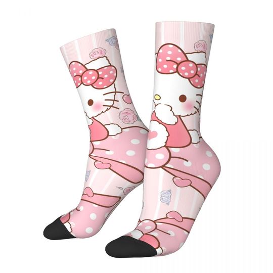 Fluffy Hello Kitty With Roses Sock for Men Hip Hop Vintage Sanrio Happy Seamless Pattern Printed Boys Crew Sock Casual Gift