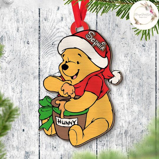 Personalized All Characters Wood Disney Christmas Ornament, Kids Name Mickey and Friends Pooh Stitch Very Merry Christmas Tree Decoration