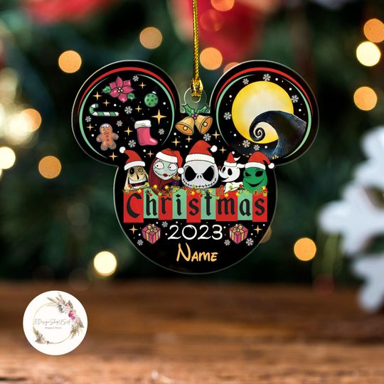 Personalized Nightmare Before Christmas Ornament, Santa Jack Sally Oogie Boogie Lock Barrel and Shock, Disney Family Christmas Tree Ornament