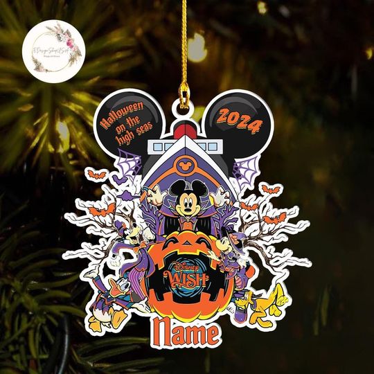 Personalized Disney Cruise Halloween On The High Seas Ornament, Mickey and Friends Spooky Disney Cruise Ornament, Stateroom door cabin
