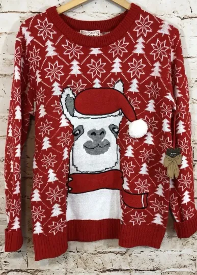 NEW Christmas Sweater womens large LLama red tree snowflake poof tunic top
