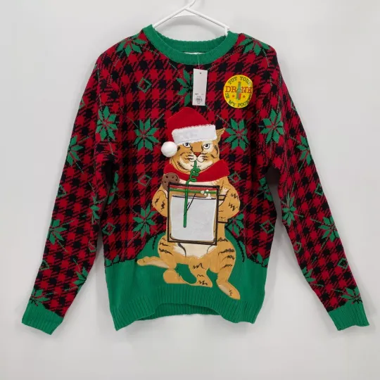 Celebrate Together Men's Ugly Cat Christmas Sweater Drink Pocket Size M