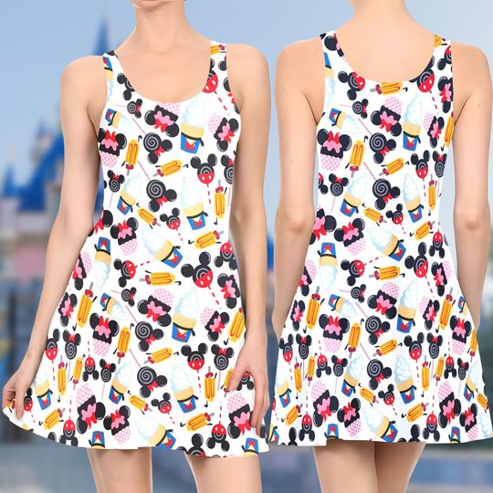 Mickey And Friends Snacks 3D Skater Dress, Mickey Mouse All Over Print Dress, Mickey Snacks Mom Daughter Dress, Mickey Dress Gift