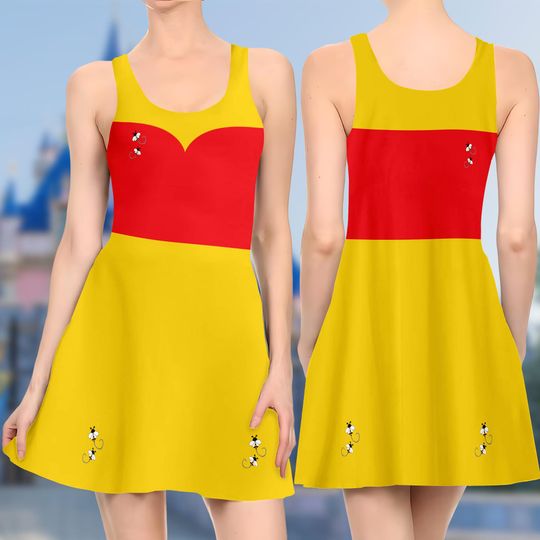 Pooh Bear 3D Cosplay Costume Skater Dress, Winnie The Pooh Dress, Bear Winnie The Pooh Mom Daughter Dress, Pooh Bear Dress Gift