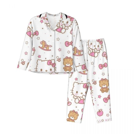Sanrio Hello Kitty Women's Pajamas Set Button Down Pajama 2 Piece Suit Pyjama Femme Nightwear Loungewear