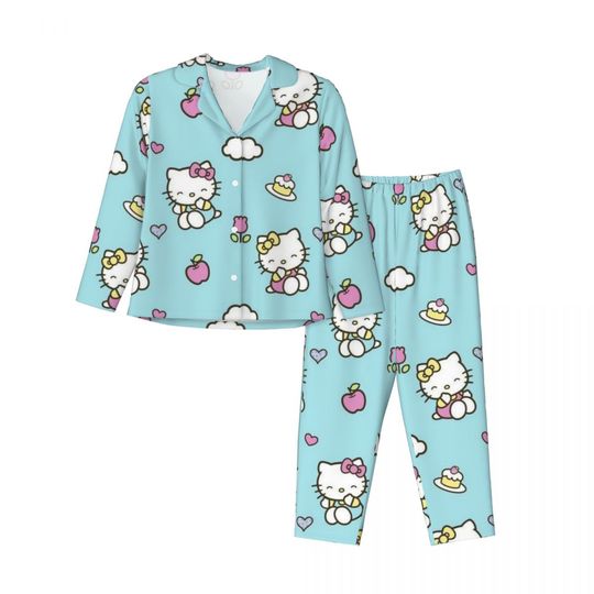 Sanrio Hello Kitty Women's Pajamas Set Button Down Pajama 2 Piece Suit Pyjama Femme Nightwear Loungewear