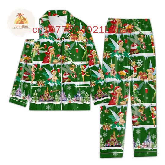 Disney Christmas Tinker Bell Pajamas Set Spring and Summer New Disney Women's Casual Shirt Long Sleeved Pajamas