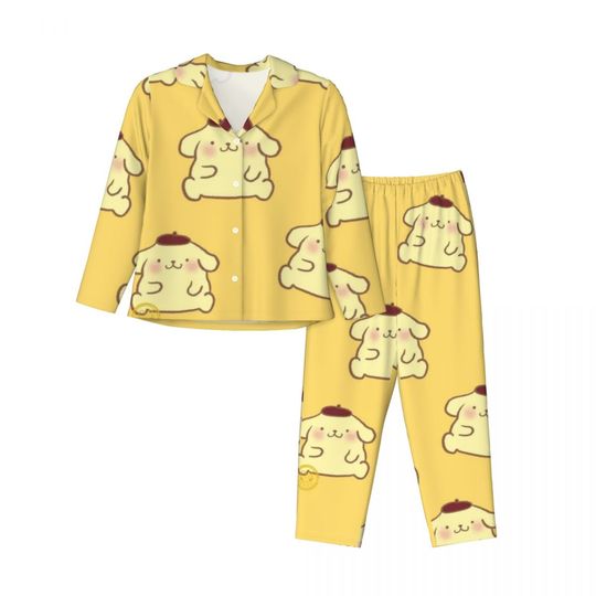 Sanrio Pompompurin Women's Pajamas Set Button Down Pajama 2 Piece Suit Pyjama Femme Nightwear Loungewear