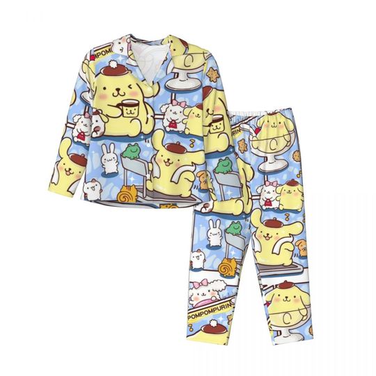 Sanrio Pompompurin Women's Pajamas Set 2 Piece Set For Women Casual Long sleeve Suit