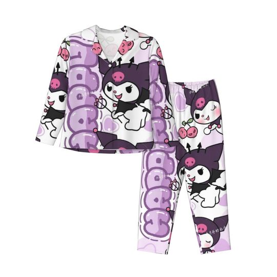 Sanrio Kuromi Women's Pajamas Set Button Down Pajama 2 Piece Suit Pyjama Femme Nightwear Loungewear