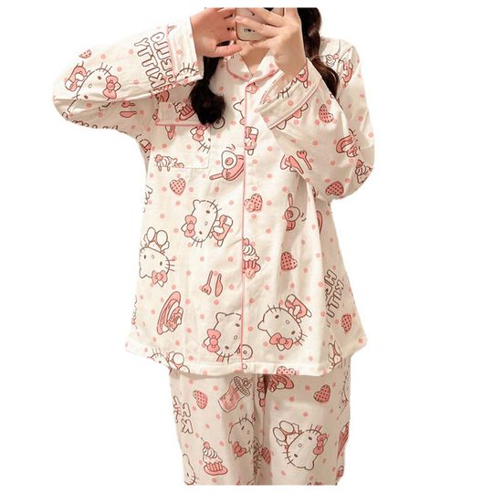 Hello kitty kuromi Cute Fashion Long Sleeve Cardigan Pajamas Set