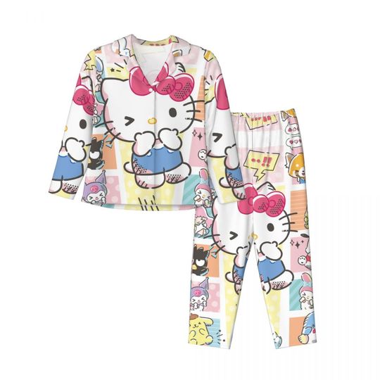 Sanrio Hello Kitty Melody Kuromi Women's Pajamas Set Button Down Pajama 2 Piece Suit Pyjama Femme Nightwear Loungewear
