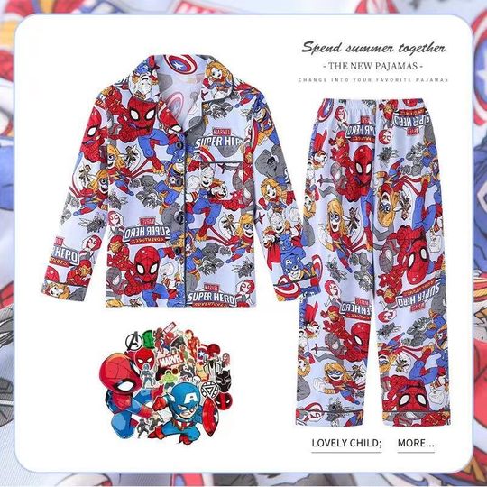 Marvel Superhero Boys Pajamas Sets Long Sleeved Cardigan Lapel Casual Pajamas Comfortable Cartoon Home Clothes Autumn Winter