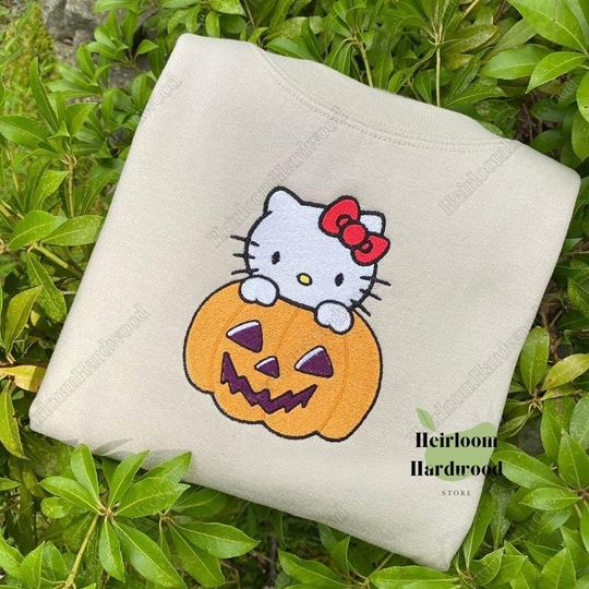 Halloween Hello Kitty Pumpkin Embroidered Sweatshirt, Cute Kitty Cat Shirt, Cartoon Embroidered Shirt, Kawaii Kitty Shirt