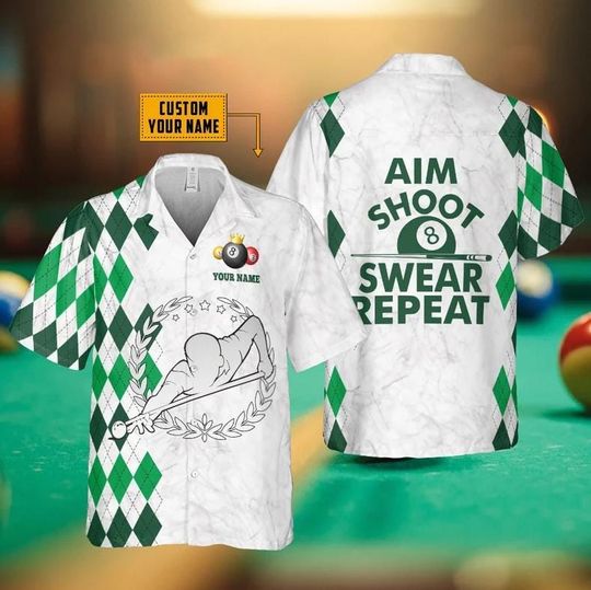 Personalized Aim Shoot Swear Repeat Hawaii Shirt,Funny Billiard Summer Beach Shirt,Billiard Hawaii Shirt,Billiard Players Gift,Billiard Team
