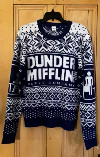 The Office Mens Dunder Mifflin Ugly Christmas Winter Sweater Size Small Blue NEW