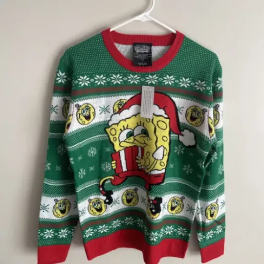 Mens Nick 90s SpongeBob SquarePants Ugly Christmas Sweater  Size S Green NEW