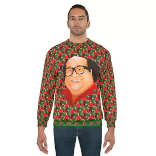 Danny DeVito Watercolor Red & Green Holiday "Plaid" Ugly Christmas Sweatshirt