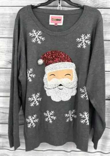 TIPSY ELVES SEQUIN SANTA UGLY CHRISTMAS SWEATER Women's Size XXL  GREY   NT