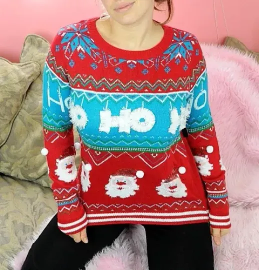 NWT Red Sequin Santa HO HO HO Blue Ugly Christmas Sweater Juniors sz S-2XL