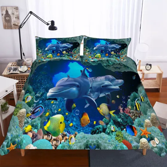 3D Ocean Dolphin Fish Quilt Doona Duvet Cover Set Queen King Size Bedding Set
