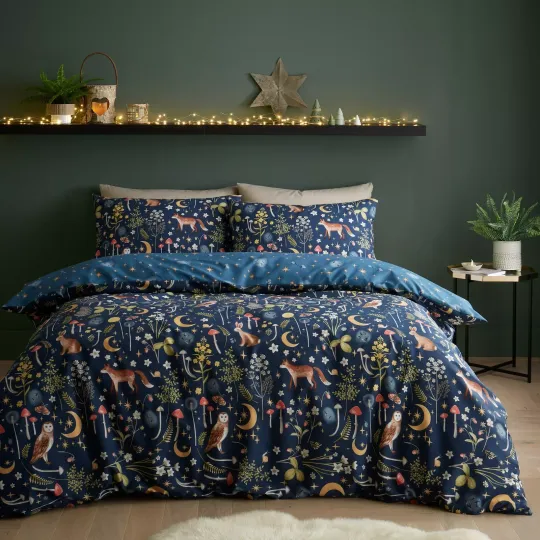 Catherine Lansfield Enchanted Twilight Animals Reverse Duvet Cover Bed Set Navy