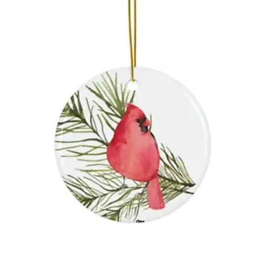 Ceramic Holiday Ornament, Beautiful Cardinal on Tree Branch