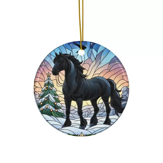 Christmas Stained Glass Black Stallion Ceramic Ornament, FREE SHIPPING