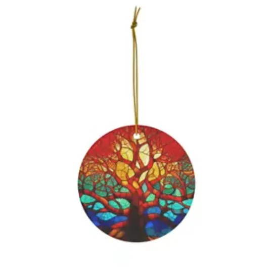 Christmas Vibrant Tree of Life Round Ceramic Ornament