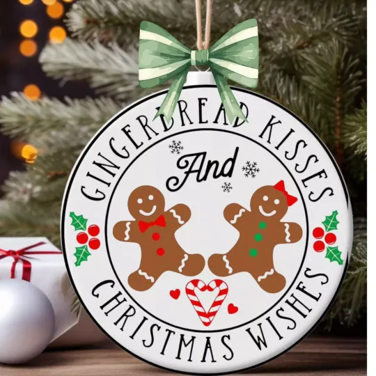 Ceramic Christmas Ornament: "Gingerbread Wishes and Kisses" FREE gift bag