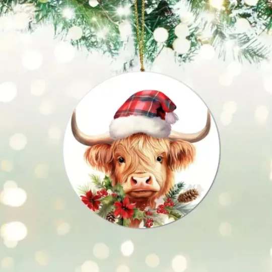 Christmas Ornament, Highland Cow Christmas Hat Ceramic Christmas Ornament