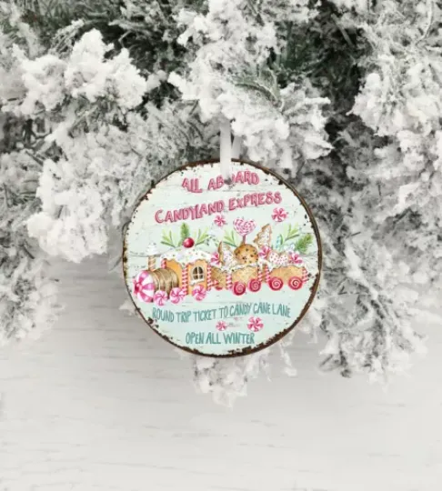 All Aboard Candy Train Round Ceramic Christmas Ornament