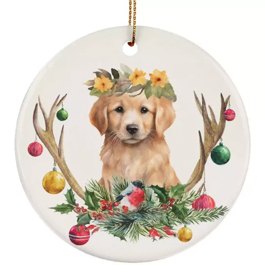 Golden Retriever Puppy Dog Deer Anlters Christmas 2024 Ornament Ceramic Gift